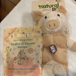 Natural Pet Dog Toy Plush Pig 5 oz bag of all-natural dog treats baked in USA